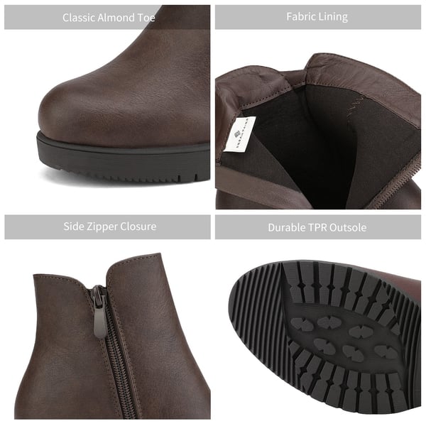 Comfortable Low Heel Chunky Ankle Boots - BROWN PU - 3